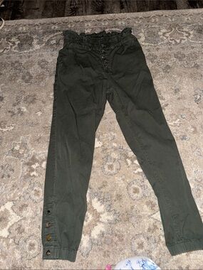Veronica Beard Olive Green Button-Front Paperbag Waist Pants